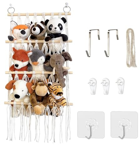Kuscheltier Aufbewahrung 38x100cm, 4 Etage Stofftier Aufbewahrung, 2 Klebehaken, 2 Haken, 3 Spurlose Nägel, 80cm Baumwollseil, Organizer Hängend Netz Plüschtier Kinderzimmer Wohnzimmer Schlafzimmer