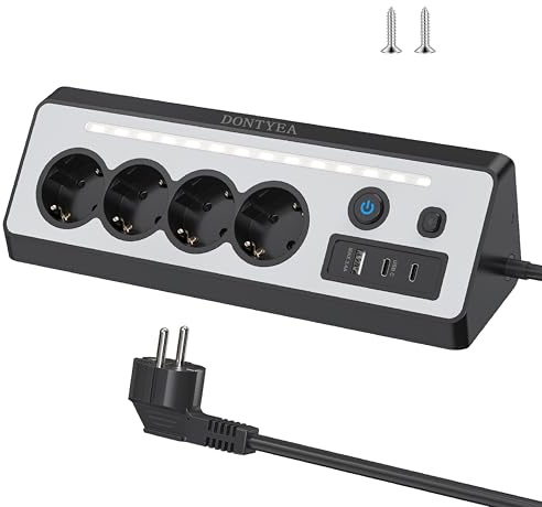 4 Fach Tischsteckdose, Ecksteckdose mit USB- und 2 Typ-C-Anschlüssen (3680W 16A), Steckdosenleiste mit 2 unabhängigen Schaltern, LED-Nachtlicht und Überspannungsschutz, für Küche, Büro, 2M, Schwarz