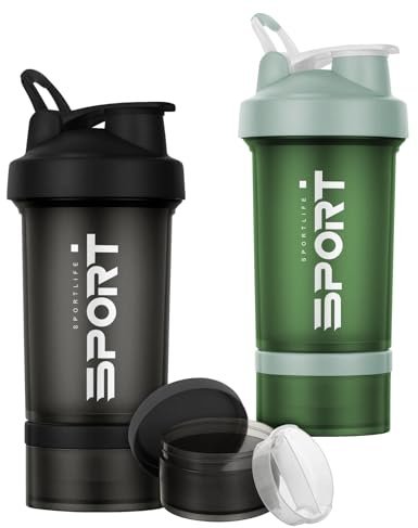 Alaoo Protein Shaker Bottle, 2Pcs Shaker Protein Shakes with Mix Ball Pill Organizer and Storage, Sports Water Bottle for Sports People Fitness Enthusiasts in Gym and Outdoor, Black and Green