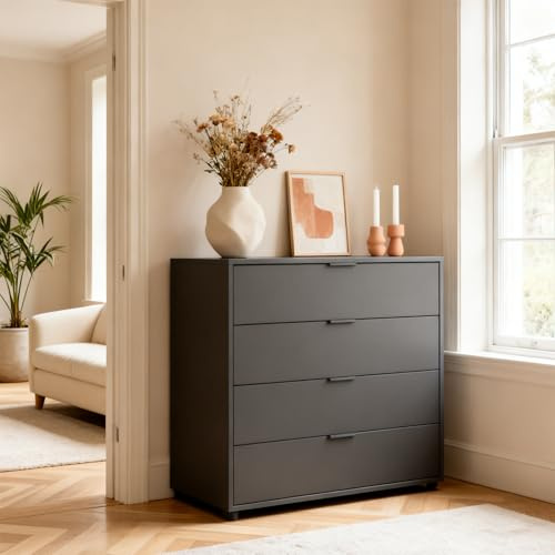 pamo Kommode mit Schubladen Sideboard Schwarz – 92 x 88 cm | Schubladenschrank Aufbewahrungsschrank 4X Soft-Close Schubladen – Schlafzimmer Wohnzimmer Flur