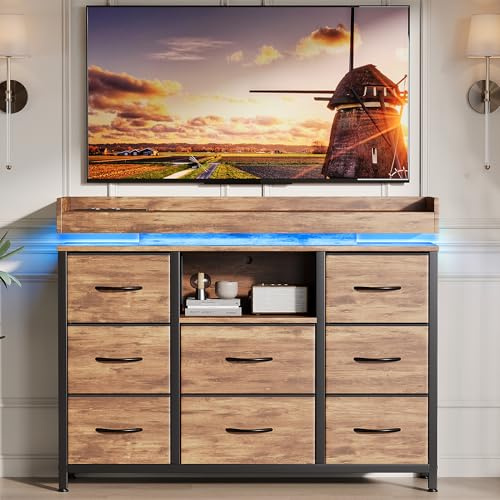 Cassettiera con illuminazione a LED, credenza con 8 cassetti e scomparto aperto, mobile TV vintage con 2 porte USB e 2 porte AC, per camera da letto, soggiorno, corridoio, stabile con protezione