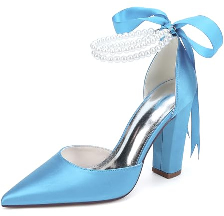 HFWXYSA Zapatos Novia Mujer Satén Tacones Boda Punta Cerrada Correa Tobillo Perlas Tacón Bloque Elegantes Fiesta Ceremonia