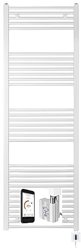 elektrischer Handtuchheizkörper, weiss und chrom, mit Appsteuerung, Badheizkörper elektro, Elektrobadheizkörper, Handtuchtrockner, elektrisch, Heizung (1475h x 600b, weiss/gerade)