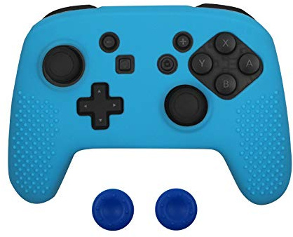 Coque de protection 3 en 1 en silicone souple pour manette Nintendo Switch Pro avec 2 capuchons de pouce bleu