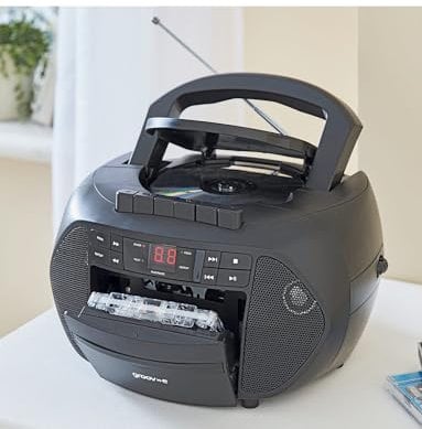 Groov-e Traditional Boombox - Portable Cassette Tape & CD Player with Radio, 3.5mm Aux Port, & Headphone Socket - LED Display, 2 x 1.2W Speakers - Battery or Mains Powered - Black