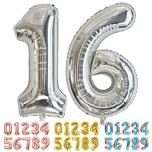 Ponmoo Luftballons Zahlen 16/61 Silber, Riesen Nummer 0 1 2 3 4 5 6 7 8 9 10-19 20-29 30-39 40 50 60 70 80 90 100, groß Folienballons für Hochzeit Jubiläum, Geburtstagsballons Party Dekoration