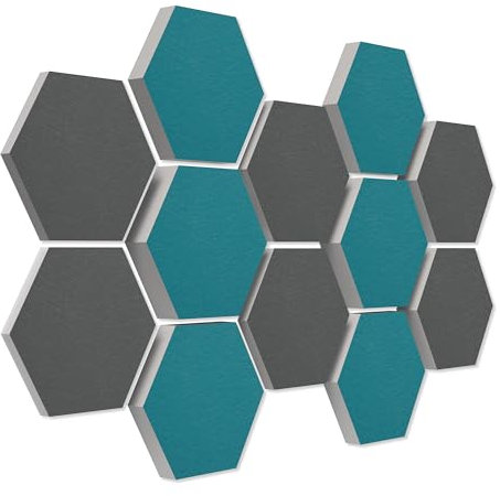 platino24 Akustikpaneele 12 Elemente Colore Waben Ø 30 cm Granitgrau + Petrol I Schallabsorber aus Basotect® G+ mit Akustikfilz I Schalldämmung Wand & Decke I Akustikelement Wandpaneel
