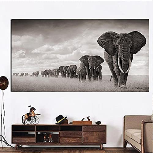 LLNN Skandinavien Große Poster Drucke Schwarz Weiß Afrika Elefanten Tiere Leinwand Malerei Wandkunst Bilder Wohnzimmer 80x120cm (31x47) Ungerahmt