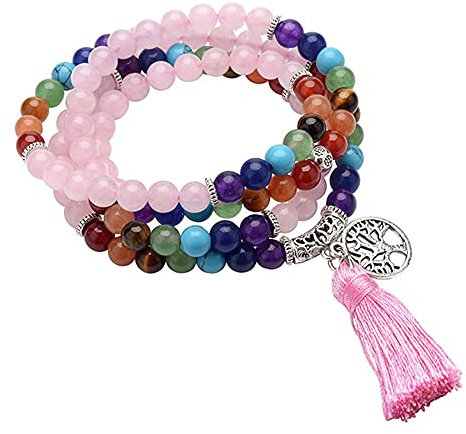 GEHECRST Schmuck 108 Perlen Edelstein Mala Kette Mala Armband 7 Chakra Edelstein Buddha Buddhistische Tibetische Gebetskette Healing Reiki Yoga Kette Halskette mit lebensbaum Anhänger