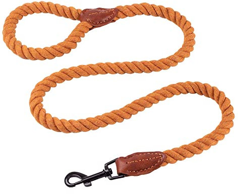 AllPetSolutions Rope Dog Lead - Heavy Duty Walking, Running, Outdoor Training Lead for Dogs - Anti-Tangle Leash, 360 Hook, Strong Clip, Easy Grip Loop Handle - Solid Brown, Soft Braided Cotton, 120cm