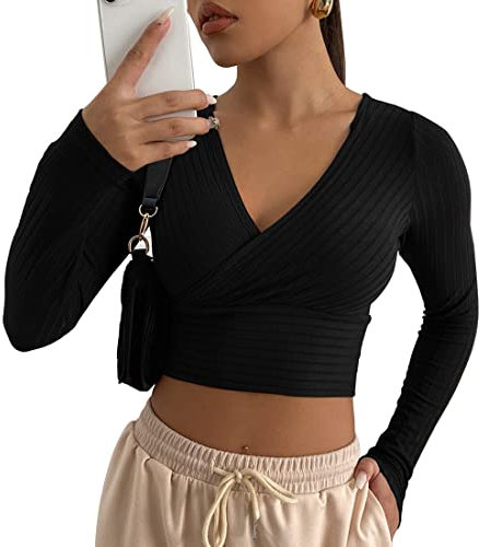 MEAR Women's Knitted Crop T-Shirt Crop Tops Unique Slim Fit Cross Wrap Deep V Neck Long Sleeve Pullover Cropped Tops Long Sleeve Shirt (Black, S-M)