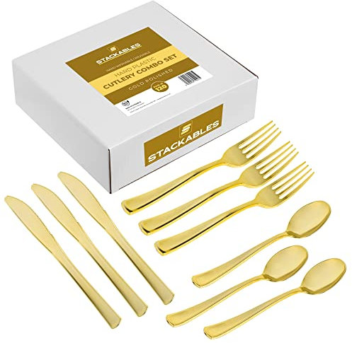 STACKABLES ~ 120 Piece Poloished Gold Plastic Cutlery Set ~ Spoons Forks & Knives 40 of Each ~ Elegant Hard Plastic Silverware ~ Reusable Combo Plastic Flatware for Weddings Parties & Events
