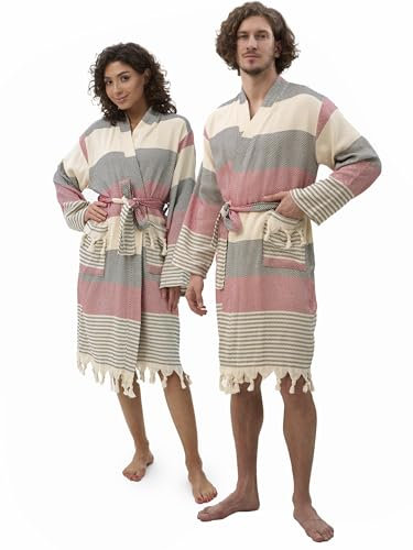 ATANI 100% Baumwolle türkischer Bademantel, Waffelmantel Knielang, Weicher Robe, SPA Pool Robe, Kimono Robe, Strandmäntel für Frauen, Rot-Marineblau, X-Large
