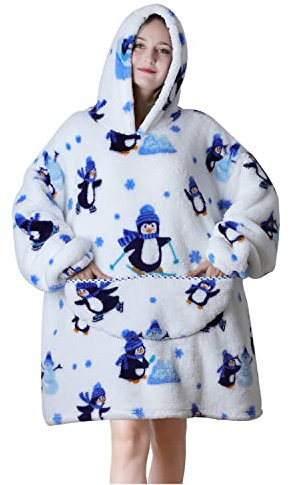 Queenshin Sweat Plaid Femme Et Homme Sweet Pingouin Blanc Douce Et Chaude Pull Plaid En Polaire Flanelle Oversize Femme Couverture Avec Manches Taille Unique Poncho Plaid Homme Sweat a Capuche