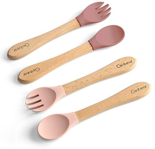 Ginbear Baby Utensils 12-18 Months 4 Piece Set (Mauve/Pink) | Soft Silicone Tip Self-feeding Flatware Sets, Toddler Feeding Spoons and Forks
