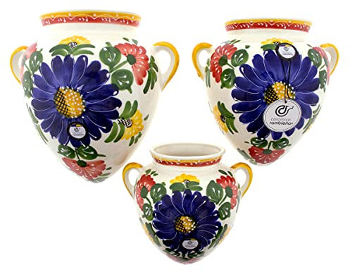 CERÁMICA RAMBLEÑA | Maceta Colgante orza | Maceta de Barro para Colgar | Conjunto x3 Maceta Pared orza Decorado Flores - Modelo D123 | 100% Decorada a Mano | 19 cm + 22 cm + 25 cm