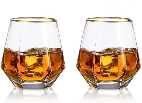 Whiskey Tumbler Glass, Diamond Whiskey Glasses Set of 2, Water Juice Tumbler Tilted Scotch Glass 300ml, Glassware for Bourbon/Rum/Bar Tumbler, Birthday Christmas Anniversary Wedding Gift for Men