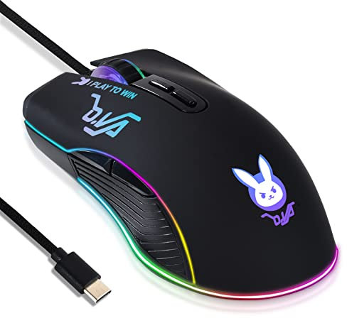 Greshare Gaming Mouse,12 Colors Backlit Optical Game Mice Ergonomic Type-c Wired with 7200 DPI and 7 Buttons for Computer/Win/Mac/Linux/Andriod/iOS. (Black Type-c)