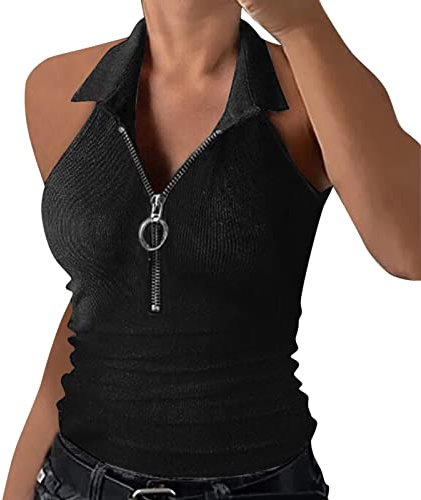 Damen Neckholder Top Rückenfrei -Tank Top Sommer-Sexy Stricktop Sommer Rundhals Ärmellose Oberteile mit Reißverschluss Slim Fit Blusentops Tanktop Sommertops Shirts Cami T-Shirt Frauen