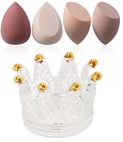 Agatige Makeup Puff Rack Sponge Holder, Glass Material Crown Design Egg Puff Drying Stand Frame Rack Beauty Blender Case Holder for Home
