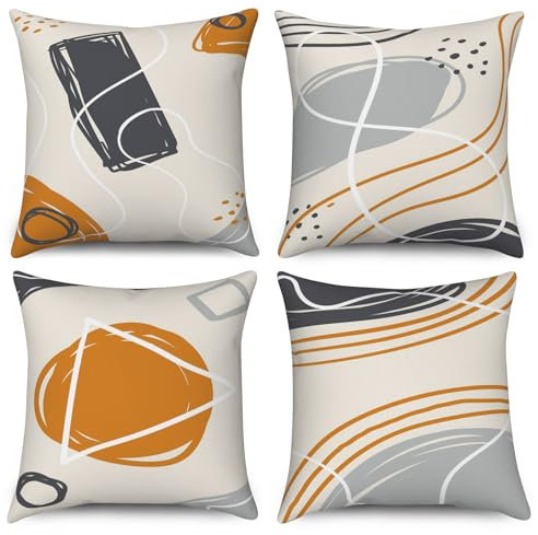 ASDCXZ Boho Kissenbezug 60x60 cm 4er Set, Modern Abstrakt Linie Orange Kreisförmig Beige Sofa Dekokissen Kissenbezüge Kissenhülle Waschbar Polyester Flachs Textil Outdoor Kopfkissenbezug Kissen Bezug