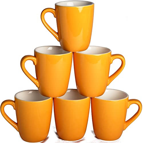 superyes Large Ceramic Mugs-Set of 6, 12oz(360ml) Barrel Tfor Cappuccino Latte, Easy-Grip Handle, Lemon Yellow Glazed, White Interior
