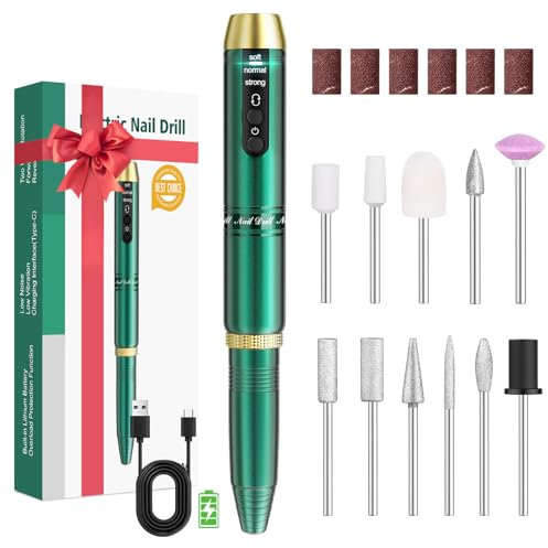 Nagelfräser Kabellos, Fräser für Gelnägel, Elektrische Nagelfeile Tragbar Nail Drill, 11 in 1 Maniküre Set Elektrisch für Semi Permanent, Naturnägel und Nagelhaut, Ideal für den Hausgebrauch, Grün