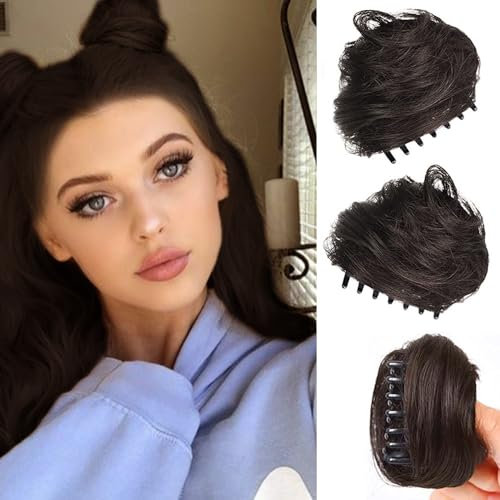 RPAEOY 2 Stück Haarschmuck Krallen Clip in Haar Bun Messy Bun Mini Haarteile Dutt mit Klammer Haar Scrunchies Synthetik Pferdeschwanz Haarteil Dutt für Damen (Braun Schwarz)