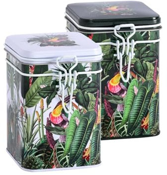 Dose Rainforest je 150g - 2er Set - mit Regenwald Motiven aufwendig lackiert, Bügelverschlußdeckel - Tee- Kaffeedose lebensmittelecht L/B/H 8,2 x 8,2 x 11,9cm Vol. ca.800ml