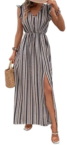 Generisch Damen Sommer Sexy Lange Casual V-Ausschnitt Kalte Schulter Sundresses Strand Urlaub Boho Kleid V Rüschen Trim High Waisted Party (Schwarz 3,L)