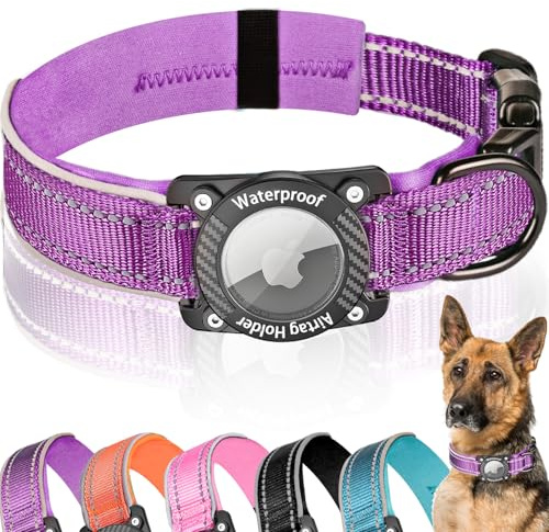 AgoumLux Airtag Hundehalsband, Air Tag Wasserdicht Hundehalsband mit Airtag Halter, Reflektierendes Airtag Halsband Hund mit Weicher Polsterung für Kleine, Mittlere und Große Hunde, Lila, S