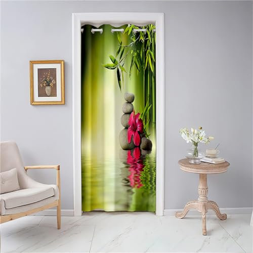 Odot Türvorhang Blickdicht mit Ösen, Thermo Gardinen Vorhang, Grüner Bambus im Zen-Stil Verdunklungsvorhänge 1 Stück, Raumteiler Vorhang für Wohnzimmer Schlafzimmer Schrank (Stil F,117x138cm)