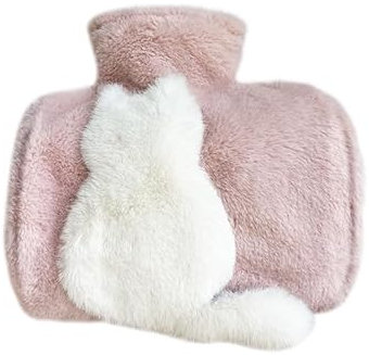 Plush Hot Water Bottle PVC Cute Plush Hot Water Bag for Hot and Cold Compress with Pockets on Both Sides 1500ML Capacity Christmas New Year Valentine's Day Birthday Gift 3D Cat(Pink and White)