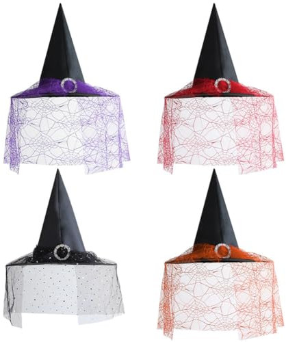 Aublinto Hexenhut Hut Hexe Halloween Frauen Damen Hexenhut Ursula Party Fashion Minihexenhut mit Federn und Schleier Mottoparty Karneval Halloween Schleier Tüll Zauberer Magier 4 Farben