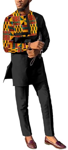 African Suits for Men Patchwork 2 Piece Set Fashion Outfit Nigerian Dashiki Wedding Clothing Attire Tracksuits, Black-v041, M