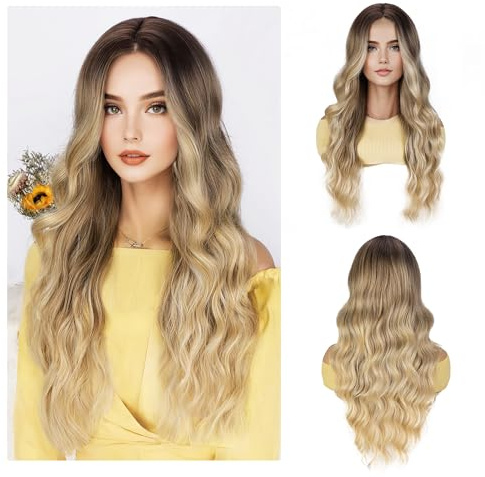 Beauty7 Ombre Blonde Perücken für Frauen Lace Front Perücke Lange Wellig Perücke Natuaral Synthetische Gewelltes Mittelscheitel Lockiges Haar hitzebeständig Perücke mit Dunklen Wurzeln 26 Zoll