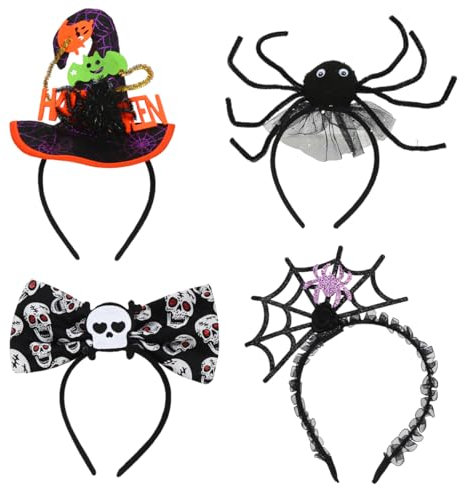 Serre Tete Halloween, 4 Pièces Bandeau Halloween, Accessoires Cheveux Halloween avec Serre Tête Araignée, Bandeau Chapeau Sorcière, Accessoires Déguisement pour Halloween, Carnaval pour Femme Enfant