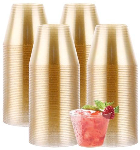 VIDETOL Lot de 150 gobelets de fête en plastique rigide - 270 ml - Avec paillettes dorées - Pour fête, anniversaire et mariage