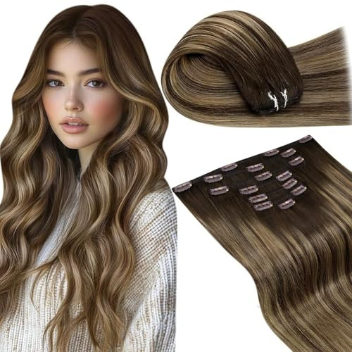 LaaVoo Clip in Extensions Echthaar Balayage Extenions Echthaar Clip Ombre Dunkelbraun mit Karamellblond Echthaar Clips Extensions Glatt 7pcs 120g 45cm #4/27/4