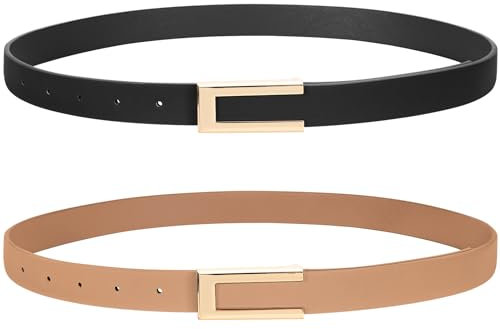 SUOSDEY 2 Pack Schmaler Gürtel für Damen, Dünner Ledergürtel Mode Taillengürtel für Kleid Jeans mit Goldschnalle schwarz+khaki