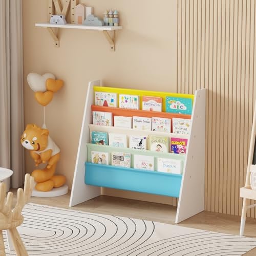 Rainbow Tree 4-Tier Children Sling Book Rack Bookshelf Wooden, Easy-to-Reach Storage for Books, Kids Book Rack Storage Bookshelf with Deep Sleeves, Ideal for Playrooms & Homeschooling (Yellow)