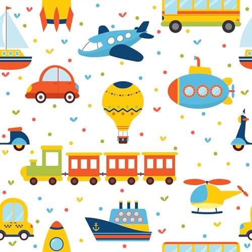 VaryFloral Cartoon Transports Self Adhesive Wallpaper 30.5cmx300cm White Contact Paper Cute Childish Vinyl Wrap Car Train Boys Thickened Texture Teenager Wallpaper for Cabinet Wall Decor