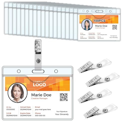 HIMOMO 100 Set Porta Badge Con Clip, Porta Badge Orizzontale, Impermeabili Plastica Pvc Trasparente Porta Badge per Carta D'identità Ufficio Scuola, Ufficio