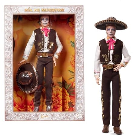 Barbie Signature Puppe, Día De Muertos 2025, Sammelfigur mit cremefarbenem Hemd, schwarzer Weste und Hose, Sombrero und Calavera-Gesichtsbemalung, JBJ06