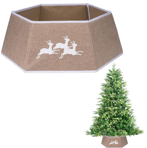 Falda de árbol de Navidad plegable de arpillera de 26.8 pulgadas, soporte de base para el cuello, tronco, canasta, anillo para decoración de árbol