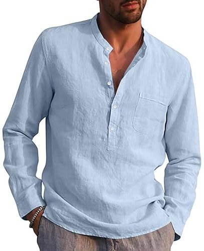 Rodawu Mens Linen Shirts Long Sleeve Casual Cotton Summer Beach Henley Shirt Tops Blue 3XL