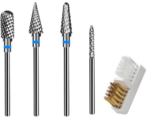 KUKUPOW Fresas Torno para Uñas 4 Piezas et 1 Cepillo, 3/32 Pulgadas Broca Manicura Profesional, Fresas de Diamante Cutículas para Torno de Uñas para Eliminación de Gel Acrílico Cutícula