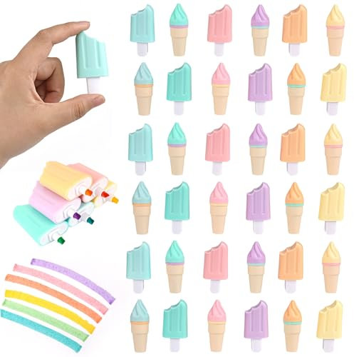 Trendecor 36 Stück Mini Textmarker Set, 6 Farben Leuchtstifte Eiscremeform Highlighter Marker Glitzer Textmarker Lustig Kleine Highlighters für Schüler Mitgebsel Lustige Schreibwaren