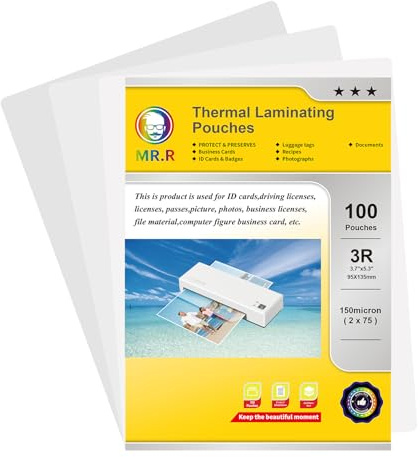 MR.R Thermal Laminating Pouches 3R Size Glossy Clear Thermal Laminate Plastic Laminator Sheets for Photos Files Drawings for Use with Thermal Laminators 150micron (2x75micron)