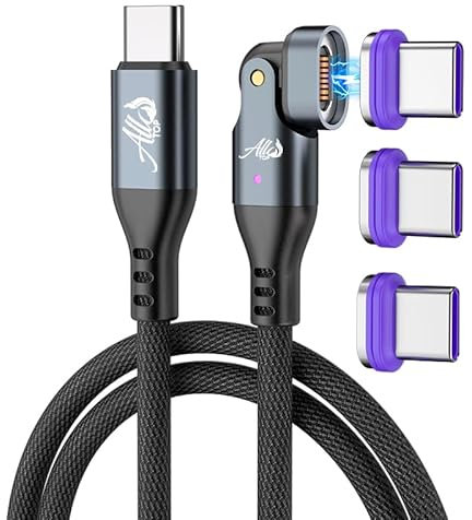 Câble Magnétique USB-C 150W Rotation 180° 180cm - Charge Rapide PD 5A – 3 Têtes USB-C Incluses, Tressé Ultra Résistant – Compatible Smartphone, Tablette,PC portable, MacBook etc, transfert de données